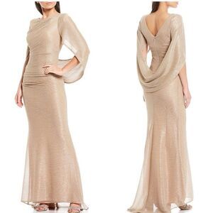 BETSY & ADAM A25892 Knit Back Drape Train Elbow Sleeve Gown Dress 16W